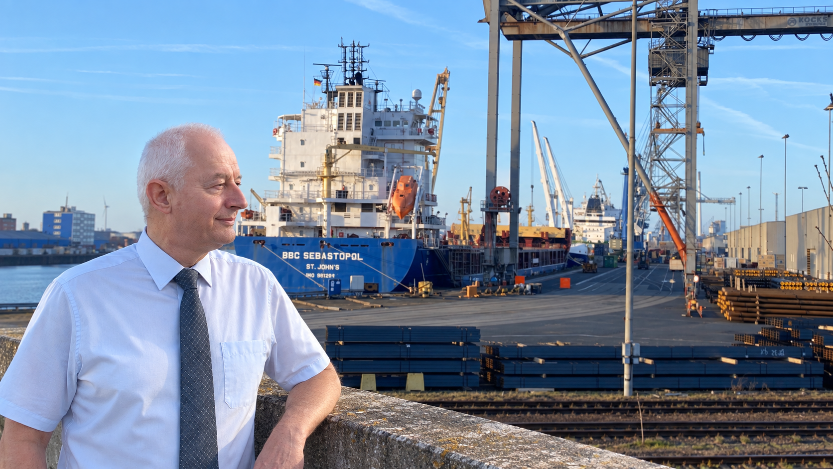 Joachim Riewesell vor dem Neustädter Hafen in Bremen